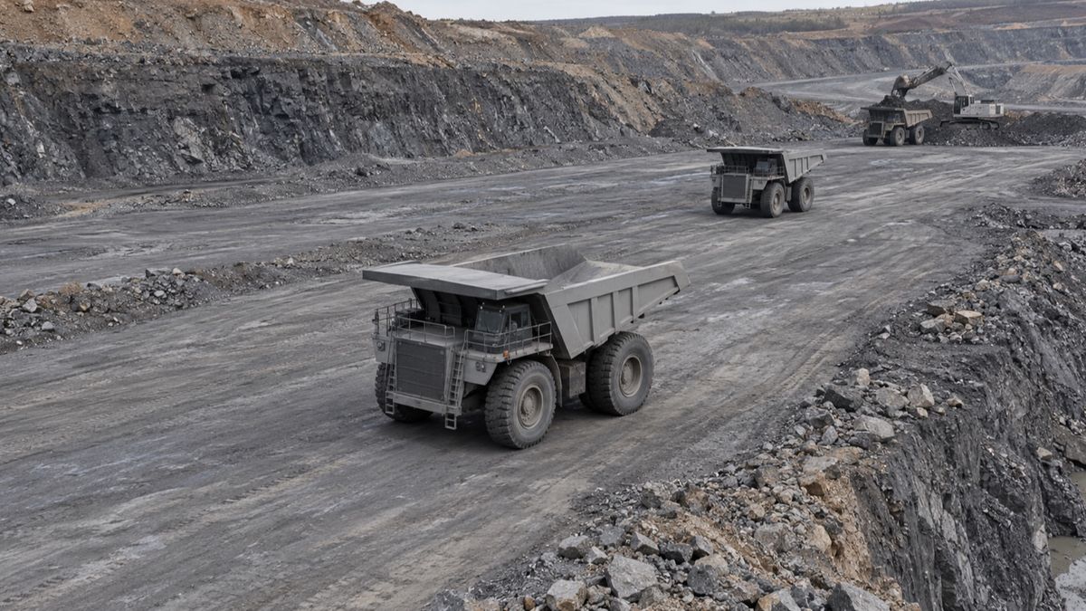 Three haul trucks are spaced along a mine bench, with one truck being loaded farther along the road.