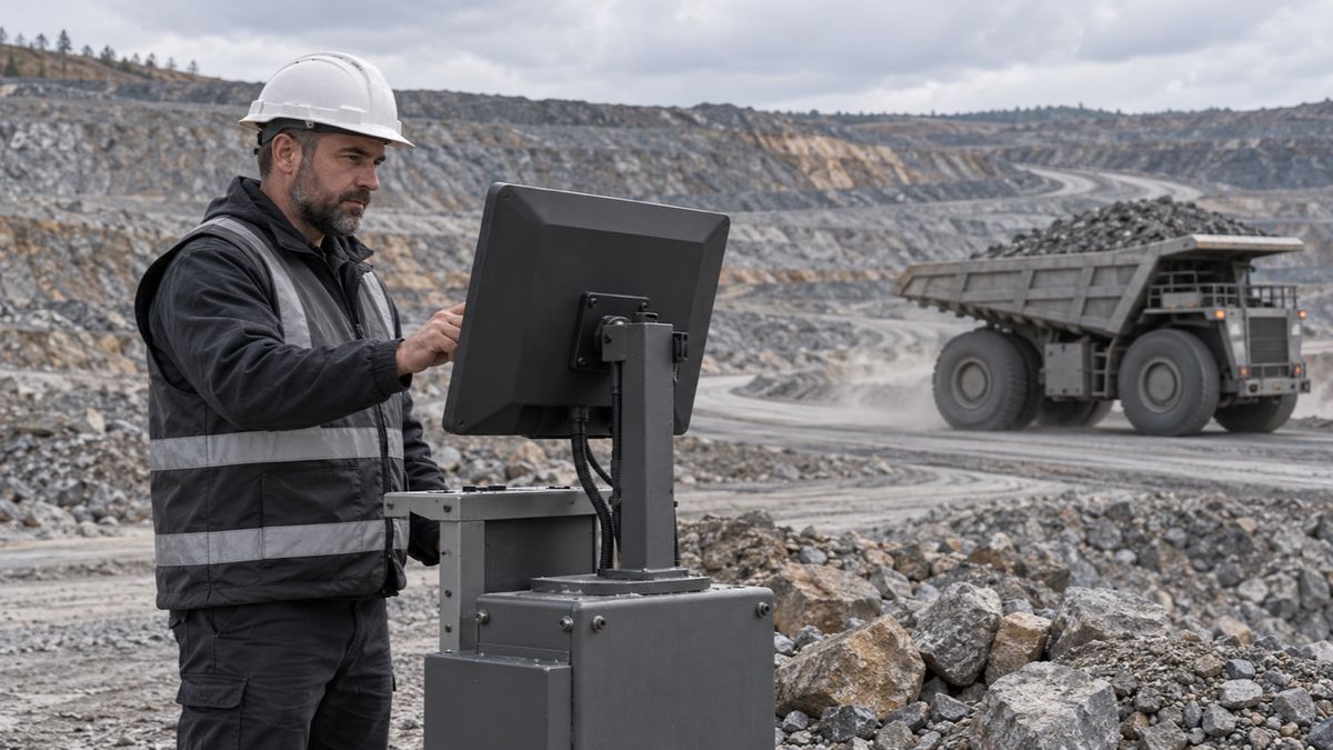 A mine dispatcher uses a field workstation as a loaded haul truck passes on a nearby road.