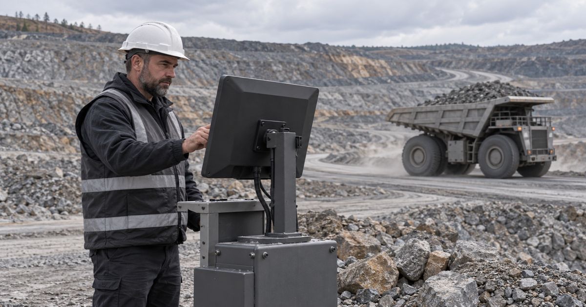 A mine dispatcher uses a field workstation as a loaded haul truck passes on a nearby road.