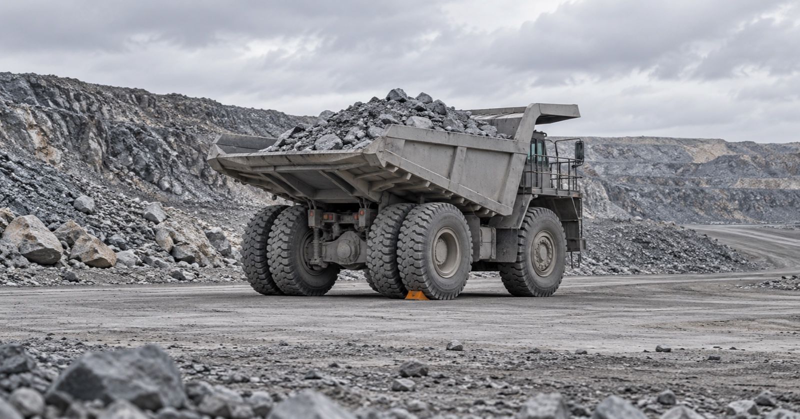 A loaded haul truck stands idle beside a dusty mine road with a small wheel chock behind its tire.