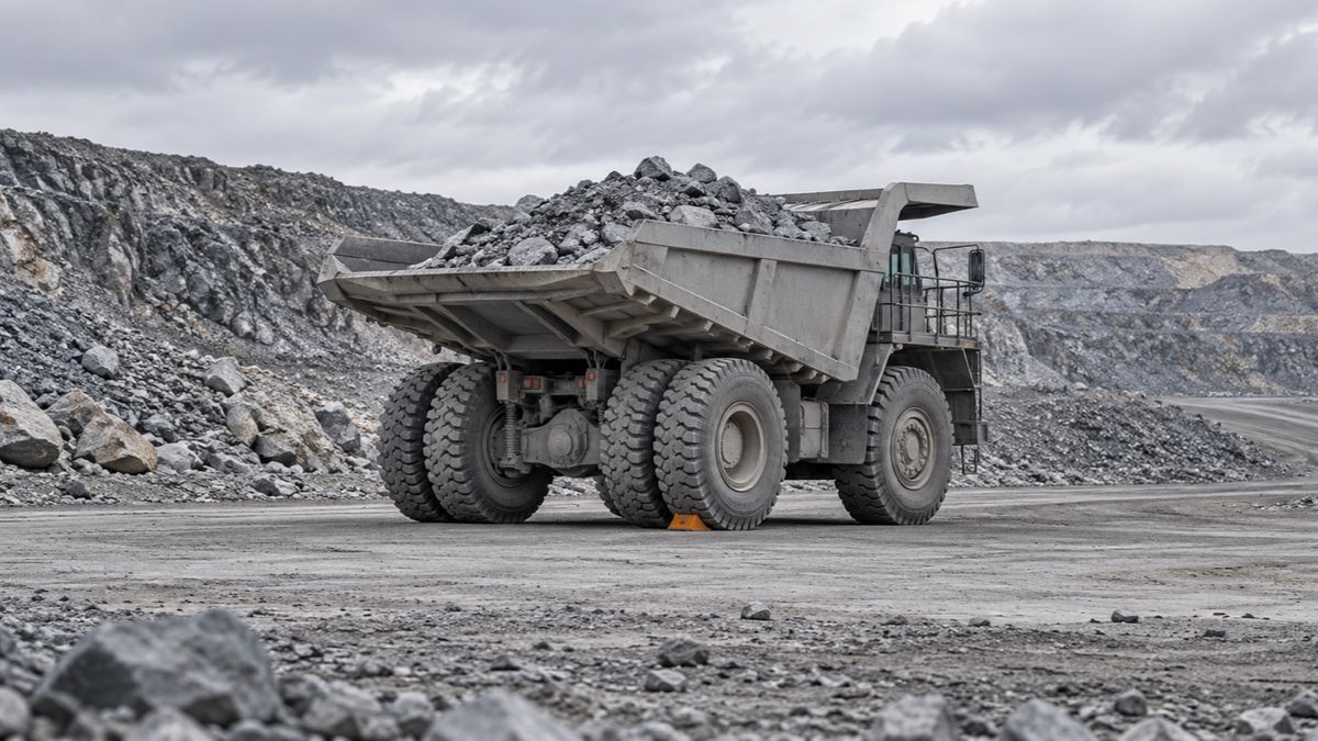 A loaded haul truck stands idle beside a dusty mine road with a small wheel chock behind its tire.