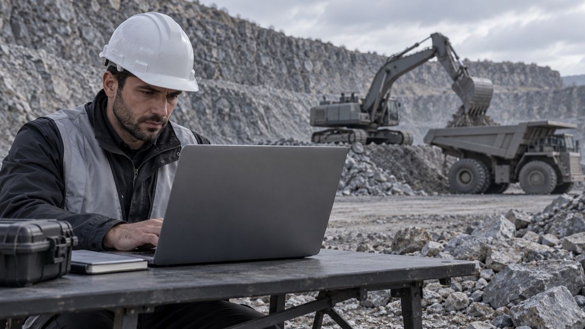 An engineer works at a field laptop while an excavator loads a haul truck in the background.