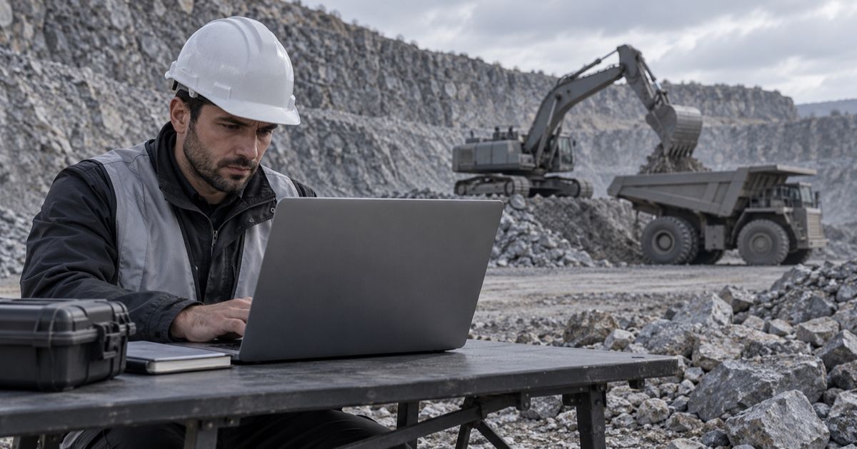 An engineer works at a field laptop while an excavator loads a haul truck in the background.