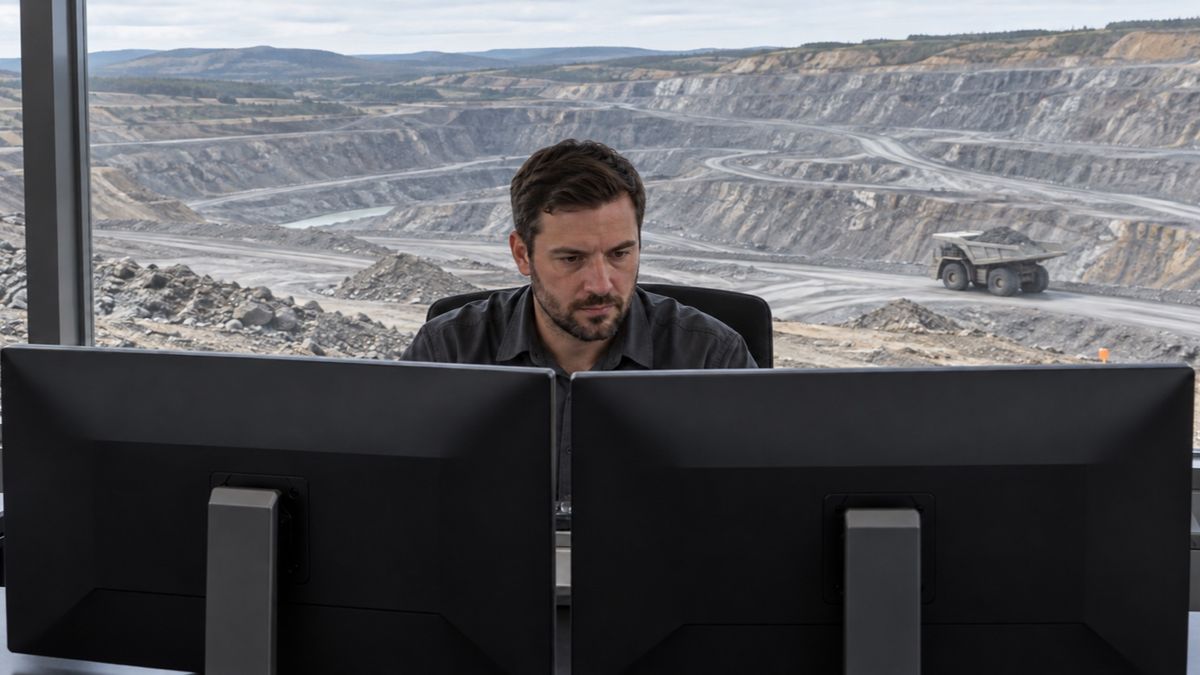 An operator works at a control-room desk overlooking terraced mine benches and a haul road.