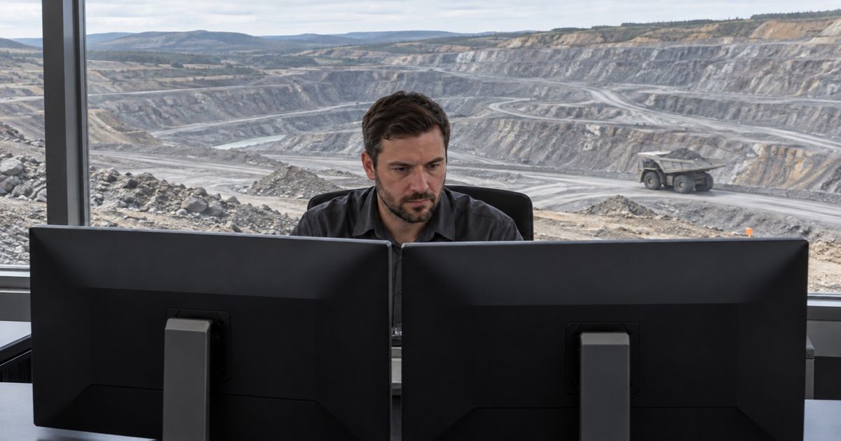 An operator works at a control-room desk overlooking terraced mine benches and a haul road.