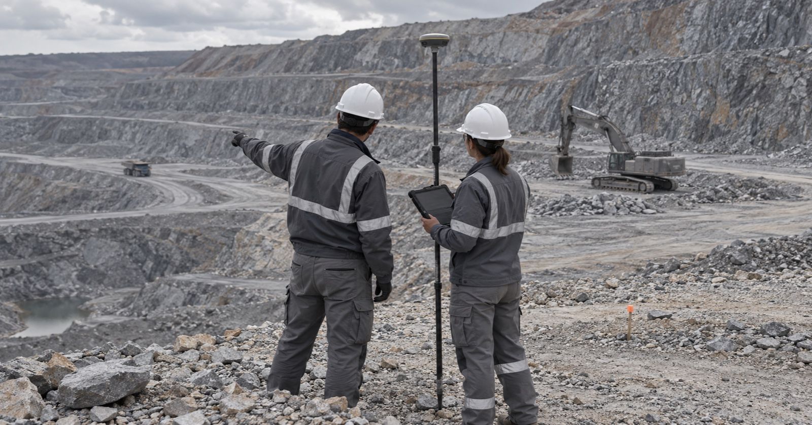 Two surveyors review an open-pit mine beside a survey pole, with an excavator on the bench behind them.