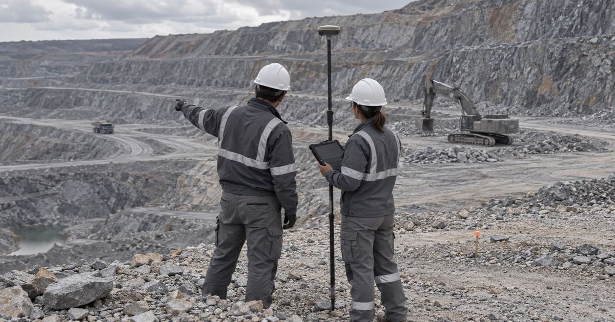 Two surveyors review an open-pit mine beside a survey pole, with an excavator on the bench behind them.