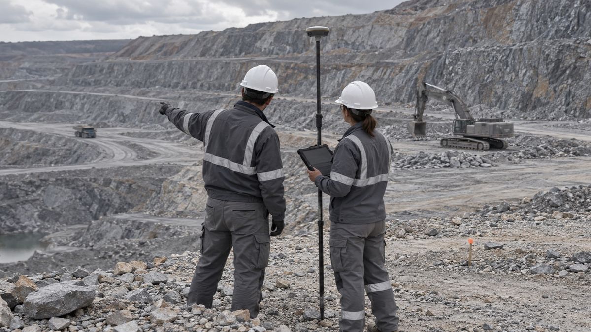 Two surveyors review an open-pit mine beside a survey pole, with an excavator on the bench behind them.