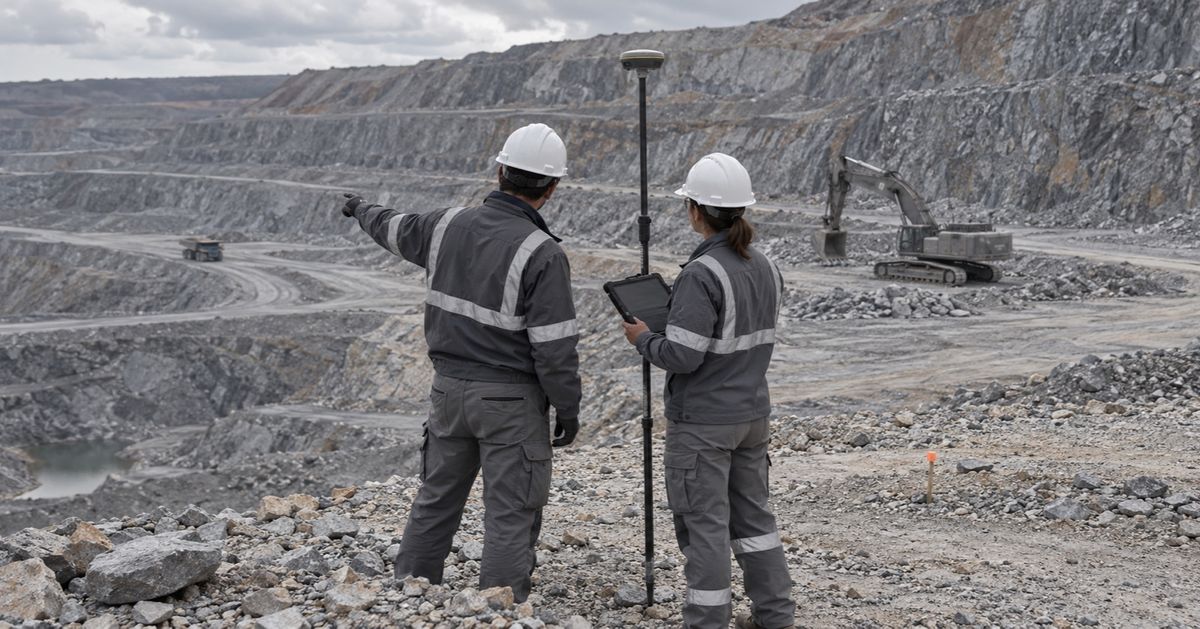 Two surveyors review an open-pit mine beside a survey pole, with an excavator on the bench behind them.