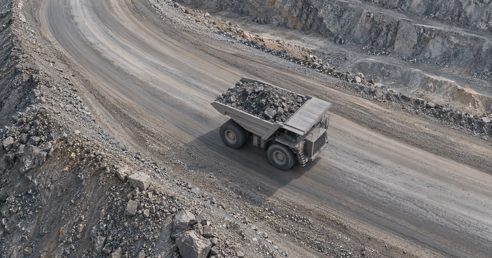 An overhead view shows a loaded haul truck following a curving mine road.