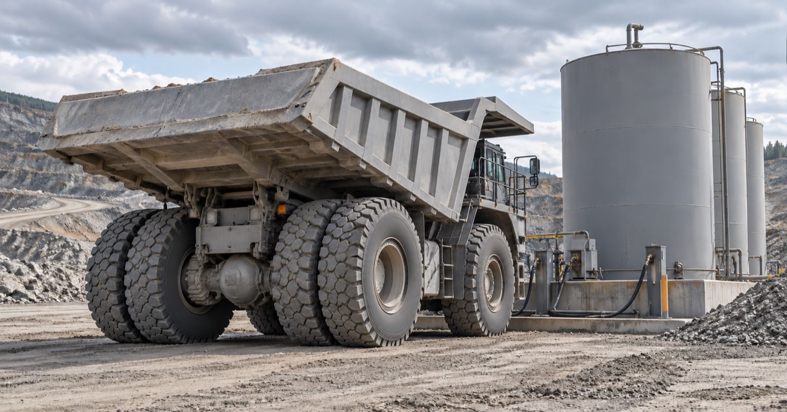 A haul truck stands beside cylindrical storage tanks in a mine service area.