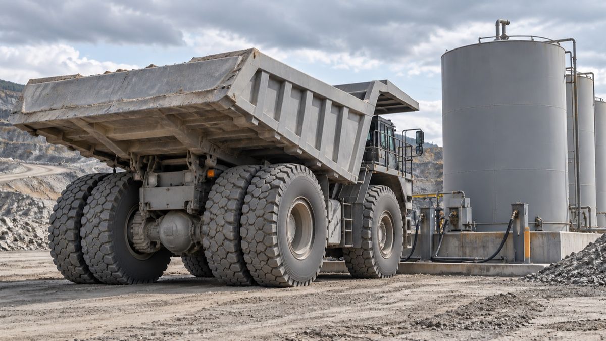A haul truck stands beside cylindrical storage tanks in a mine service area.