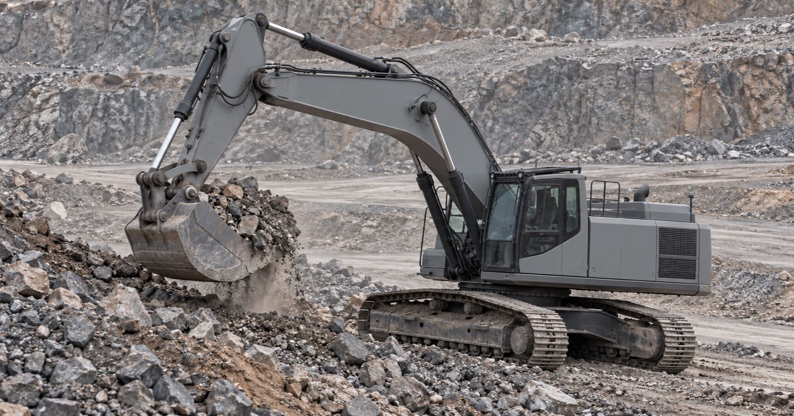 A tracked excavator lifts a bucket of broken rock from a quarry bench.