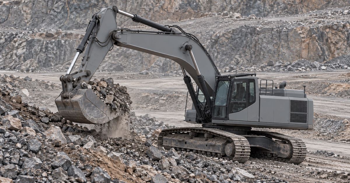 A tracked excavator lifts a bucket of broken rock from a quarry bench.