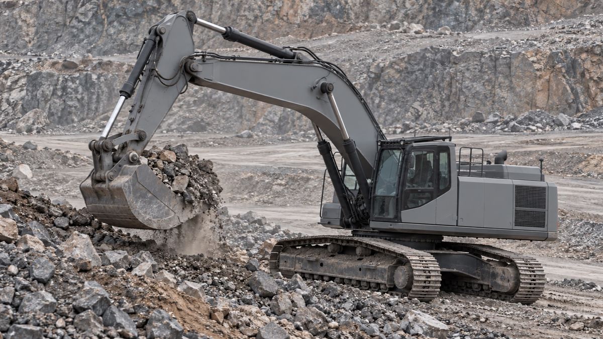 A tracked excavator lifts a bucket of broken rock from a quarry bench.