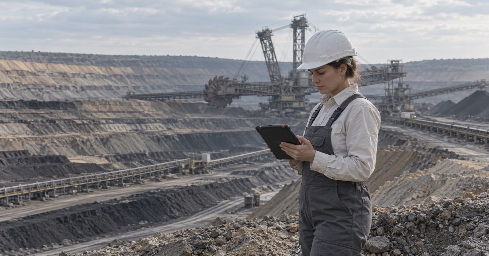 An engineer checks a tablet beside a surface mine with conveyors and excavation equipment in the distance.