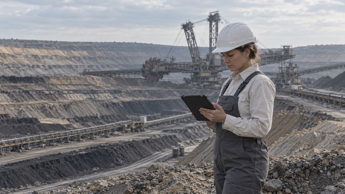 An engineer checks a tablet beside a surface mine with conveyors and excavation equipment in the distance.