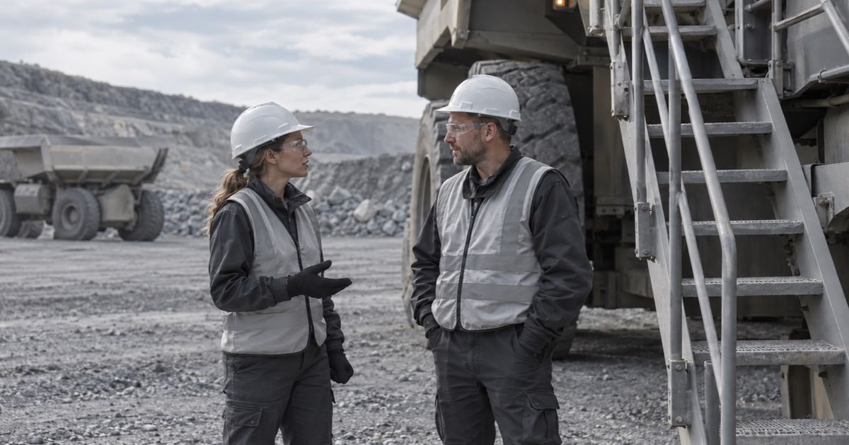 Two mine colleagues discuss operations beside the access stairs of a parked truck.