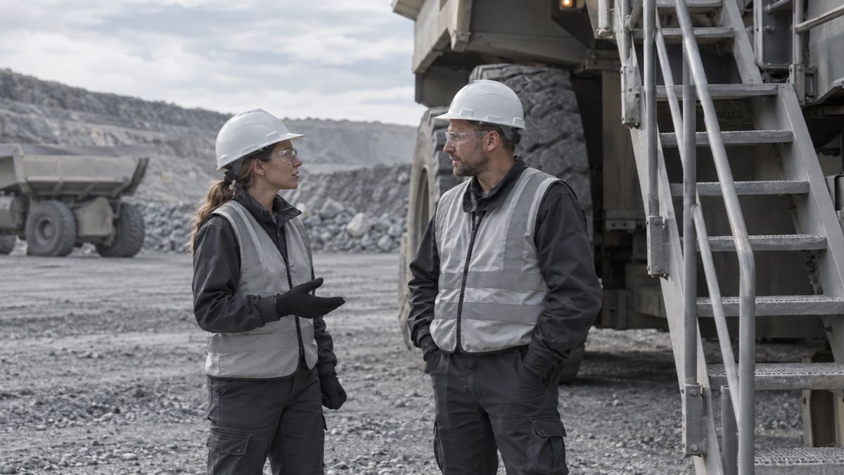 Two mine colleagues discuss operations beside the access stairs of a parked truck.