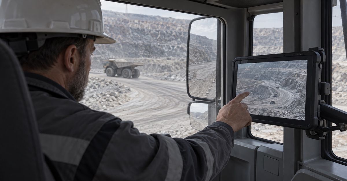 A worker touches a cab-mounted tablet showing an aerial mine image, with a haul road visible outside.