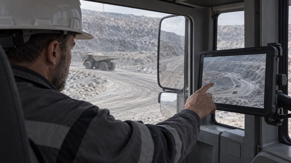 A worker touches a cab-mounted tablet showing an aerial mine image, with a haul road visible outside.