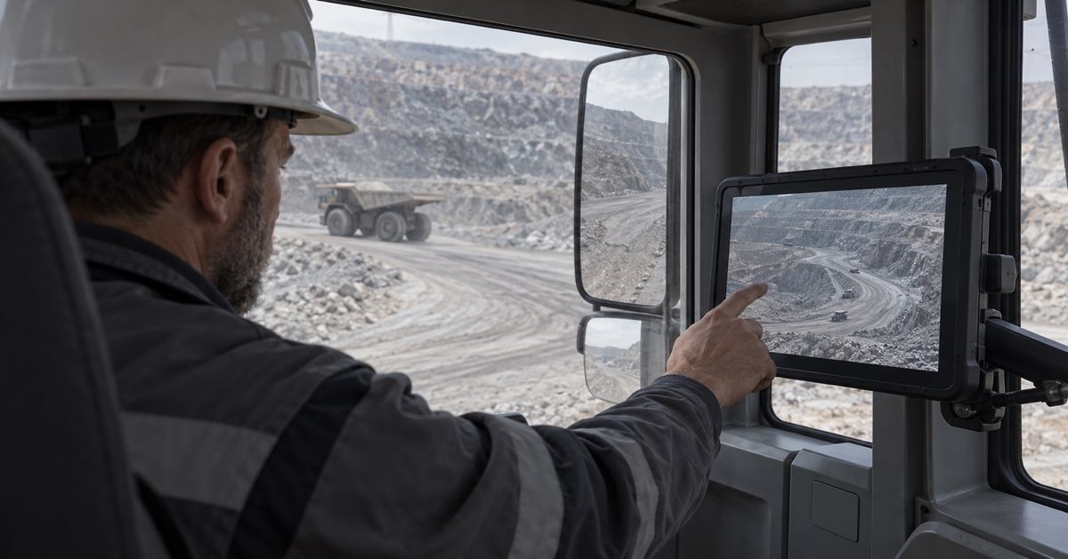 A worker touches a cab-mounted tablet showing an aerial mine image, with a haul road visible outside.