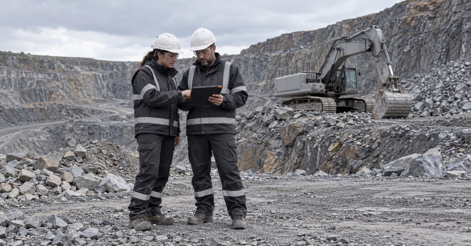 Two mine workers review a tablet near a parked excavator and a pile of broken rock.