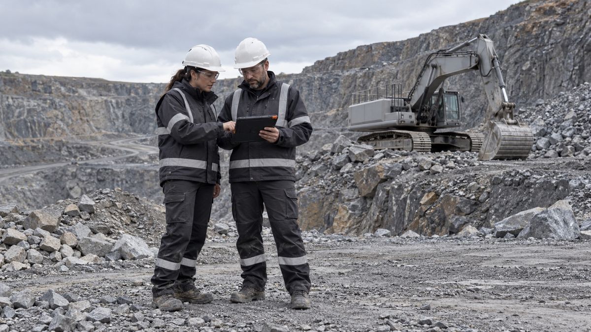Two mine workers review a tablet near a parked excavator and a pile of broken rock.
