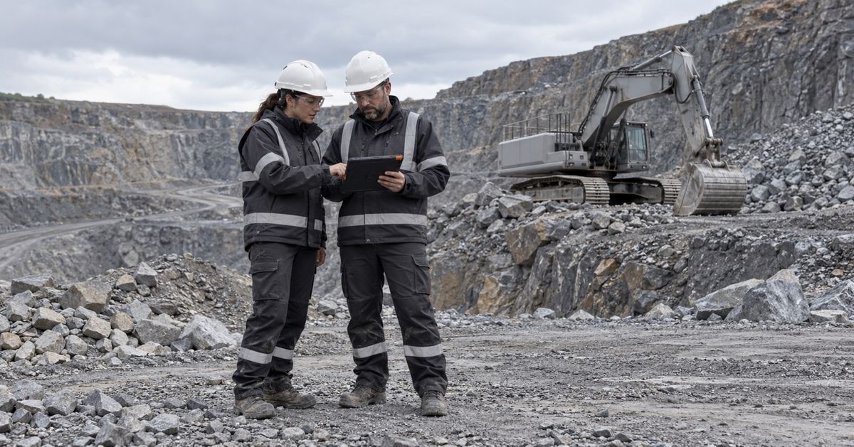 Two mine workers review a tablet near a parked excavator and a pile of broken rock.