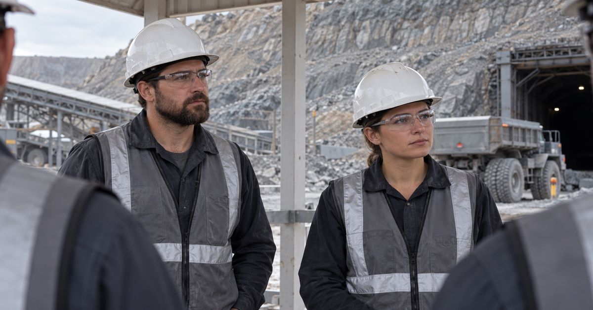 Two miners listen during a shift briefing beside a mine entrance.