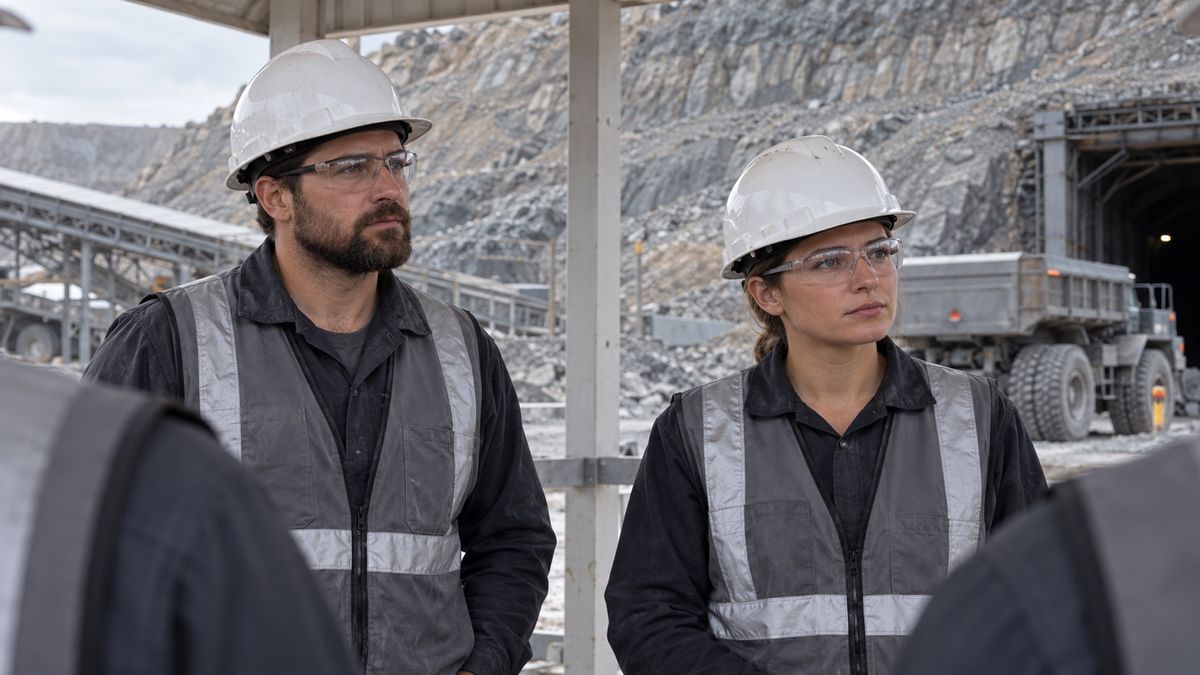 Two miners listen during a shift briefing beside a mine entrance.