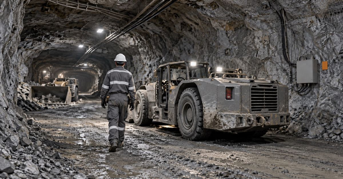 A miner walks past a parked underground vehicle beneath cables and a wall-mounted communications box.