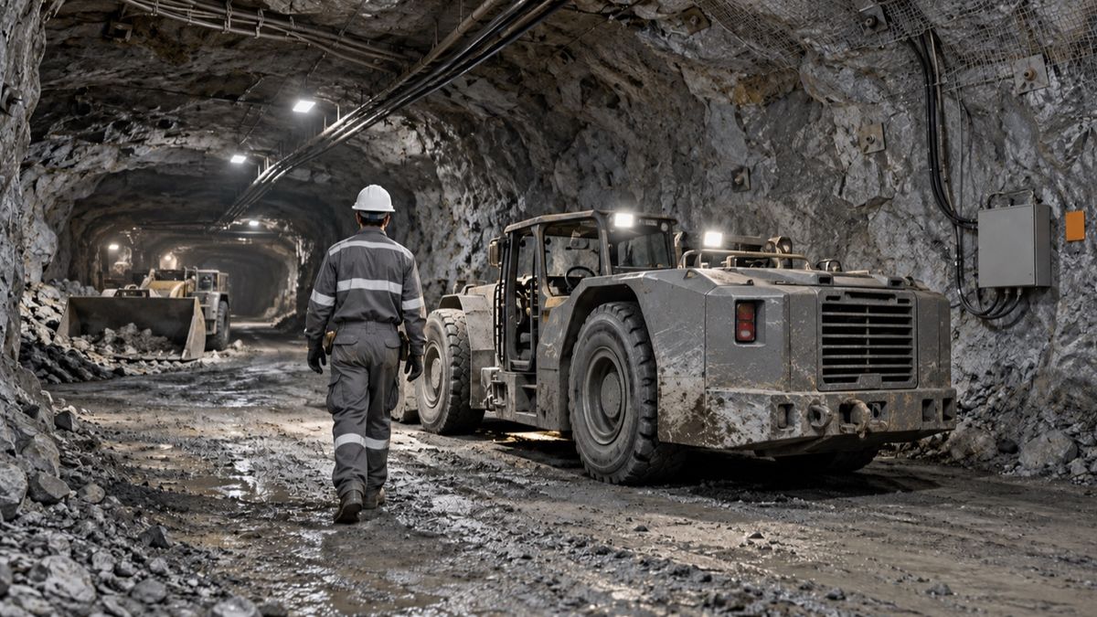 A miner walks past a parked underground vehicle beneath cables and a wall-mounted communications box.