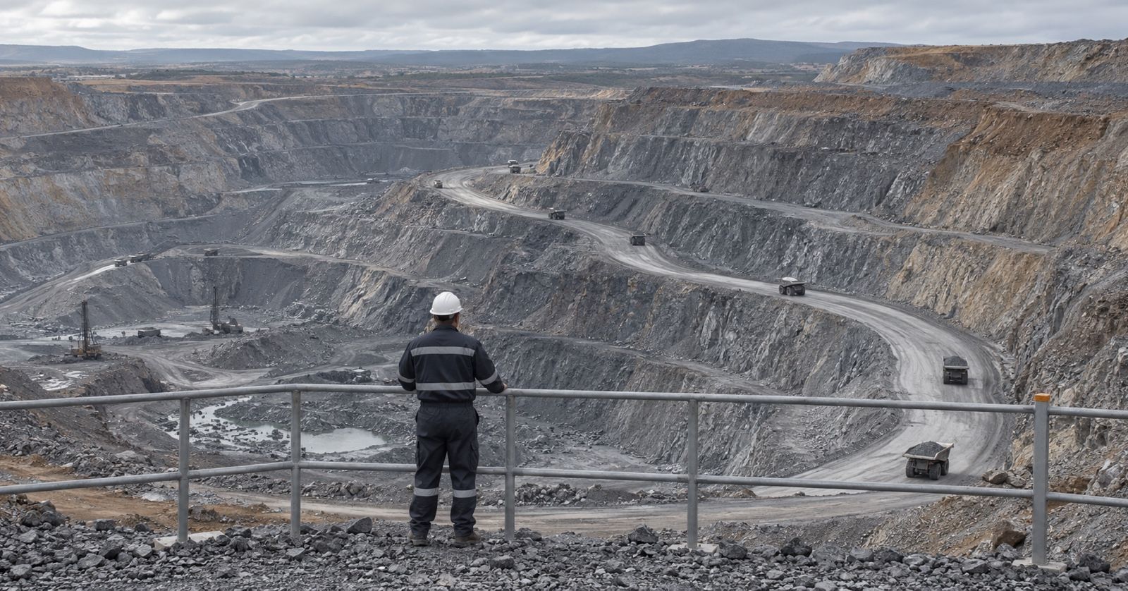 A supervisor looks across terraced mine benches and haul roads from a protected overlook.