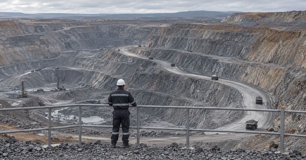 A supervisor looks across terraced mine benches and haul roads from a protected overlook.