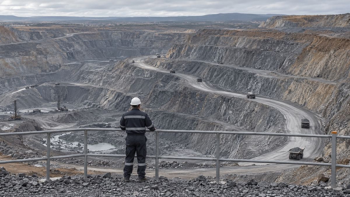 A supervisor looks across terraced mine benches and haul roads from a protected overlook.