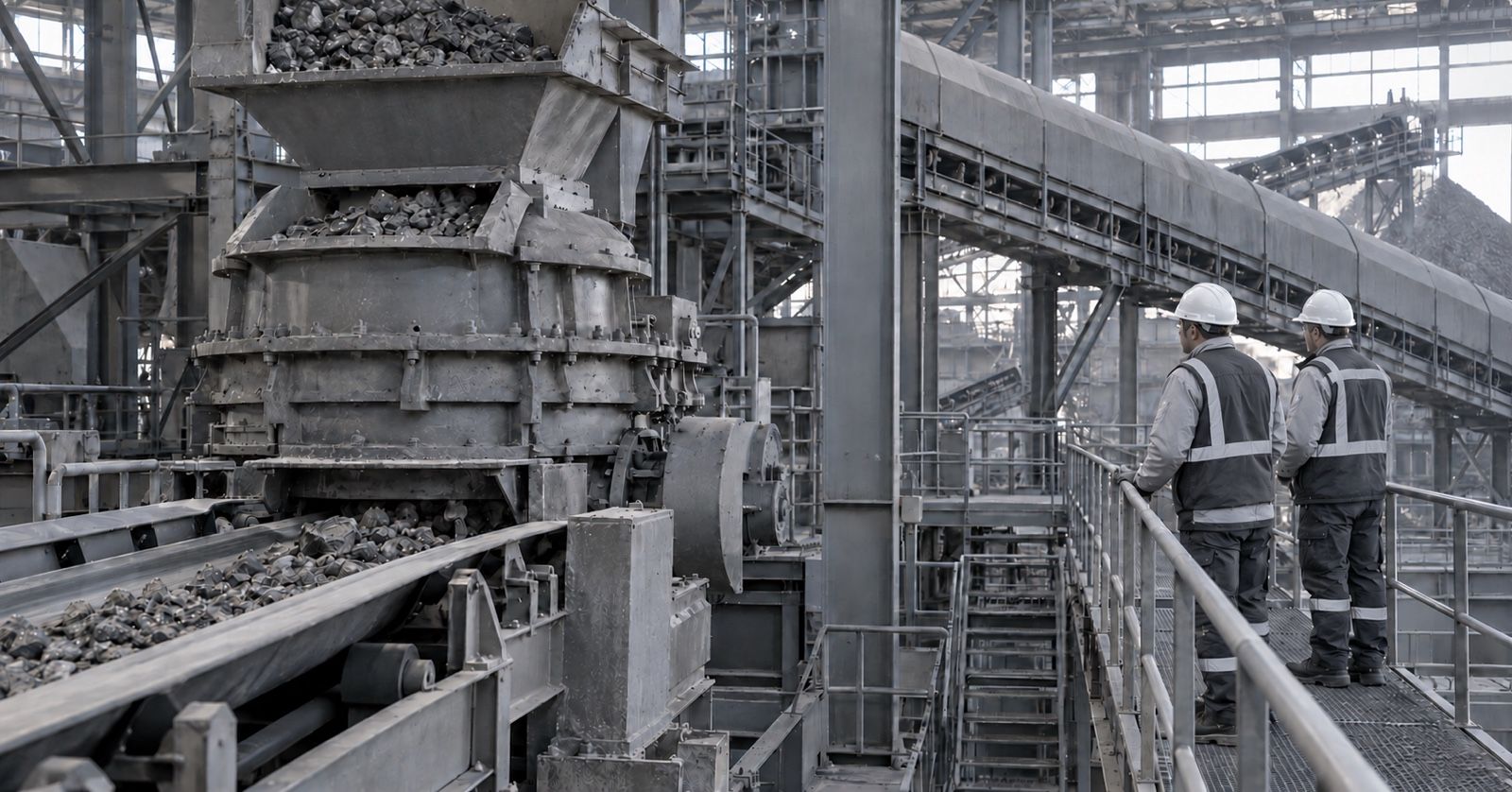 Two workers inspect processing equipment from a protected walkway inside a mineral plant.