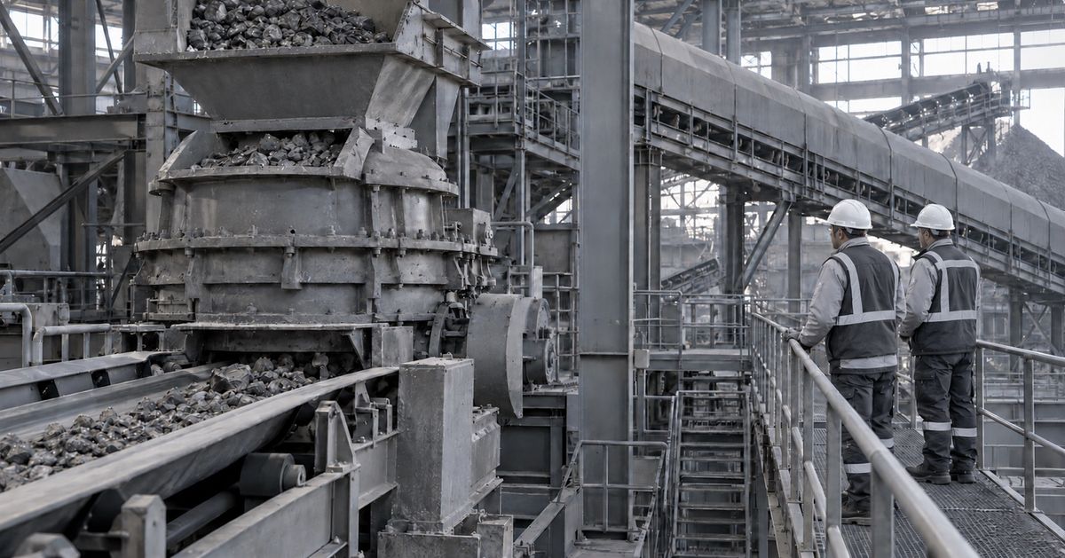 Two workers inspect processing equipment from a protected walkway inside a mineral plant.