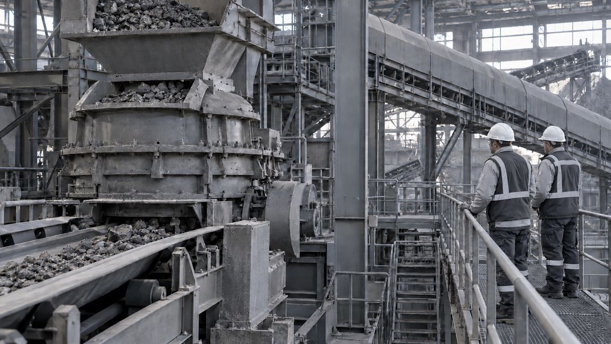 Two workers inspect processing equipment from a protected walkway inside a mineral plant.