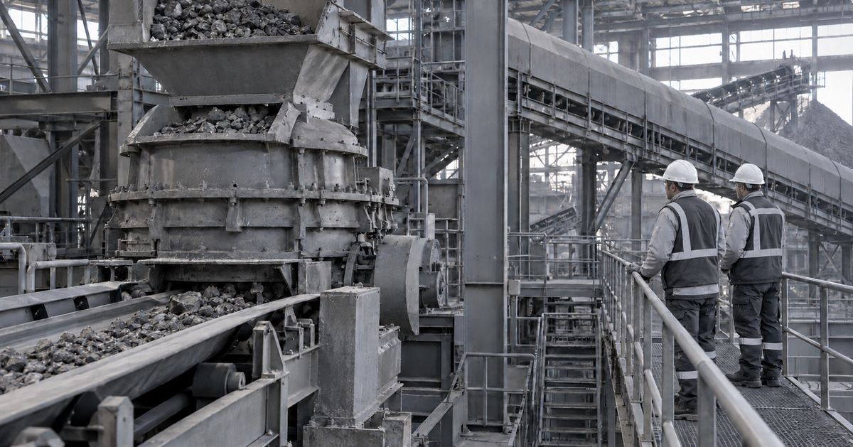 Two workers inspect processing equipment from a protected walkway inside a mineral plant.