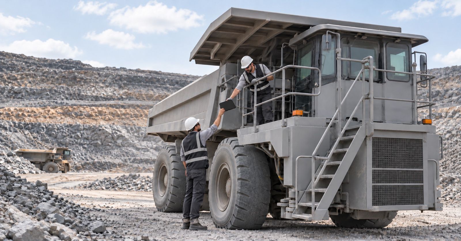 Two maintenance technicians consult a tablet beside the access steps of a haul truck.