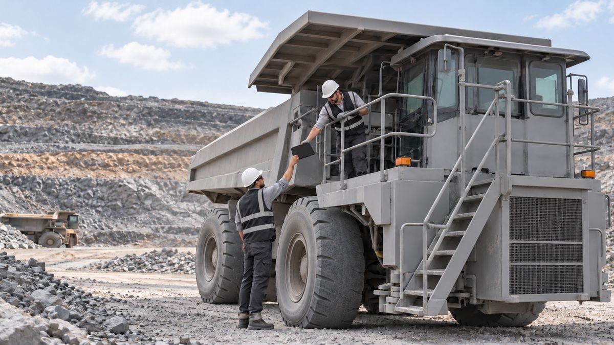 Two maintenance technicians consult a tablet beside the access steps of a haul truck.