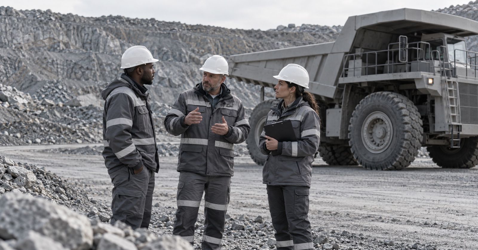 Three mine workers discuss a shift handover beside a parked haul truck.