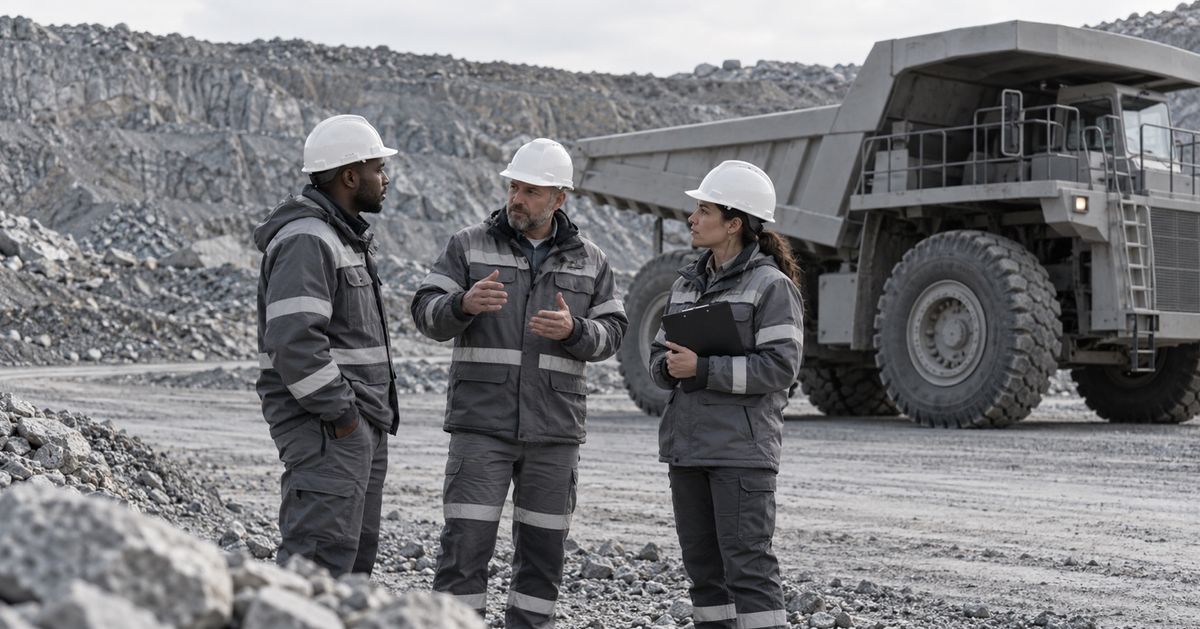Three mine workers discuss a shift handover beside a parked haul truck.