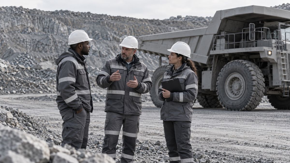Three mine workers discuss a shift handover beside a parked haul truck.