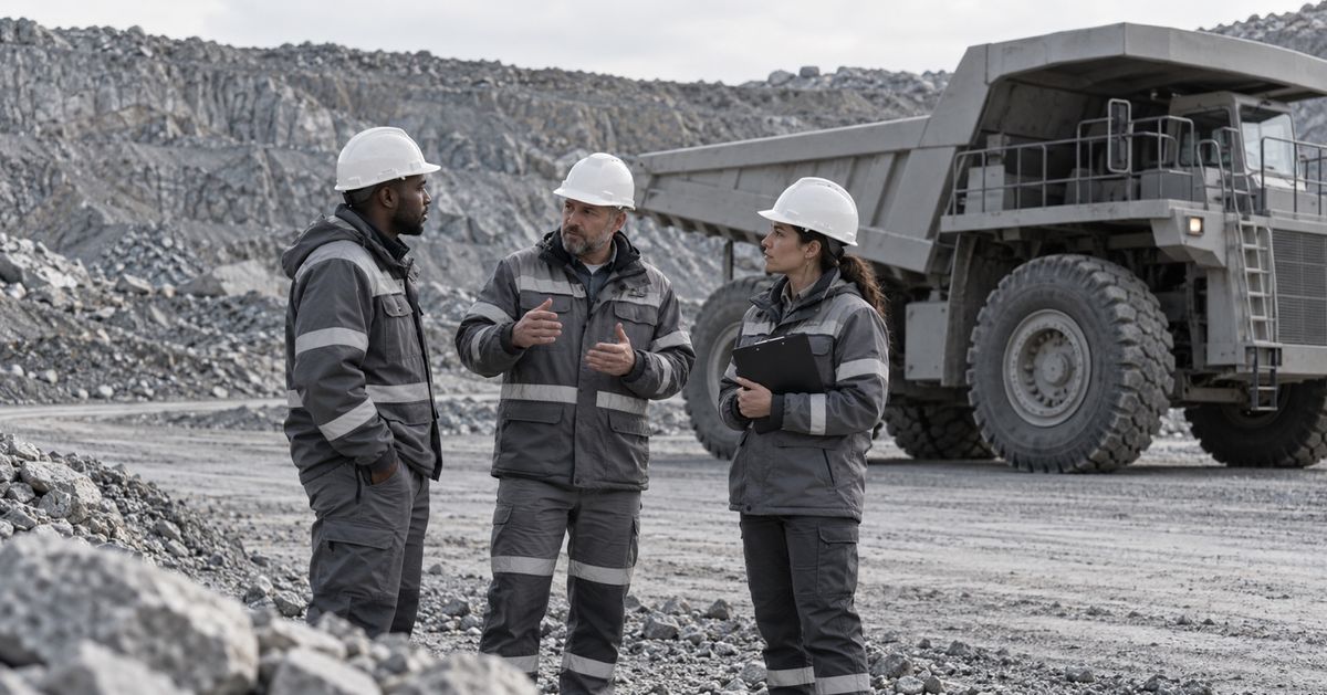 Three mine workers discuss a shift handover beside a parked haul truck.