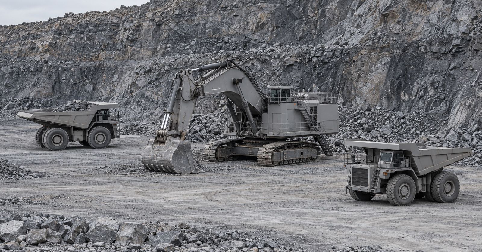 A mining shovel stands with its bucket grounded while two haul trucks wait nearby.