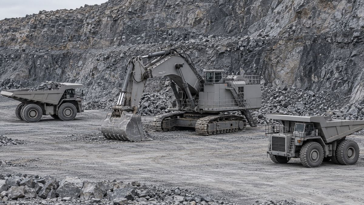 A mining shovel stands with its bucket grounded while two haul trucks wait nearby.