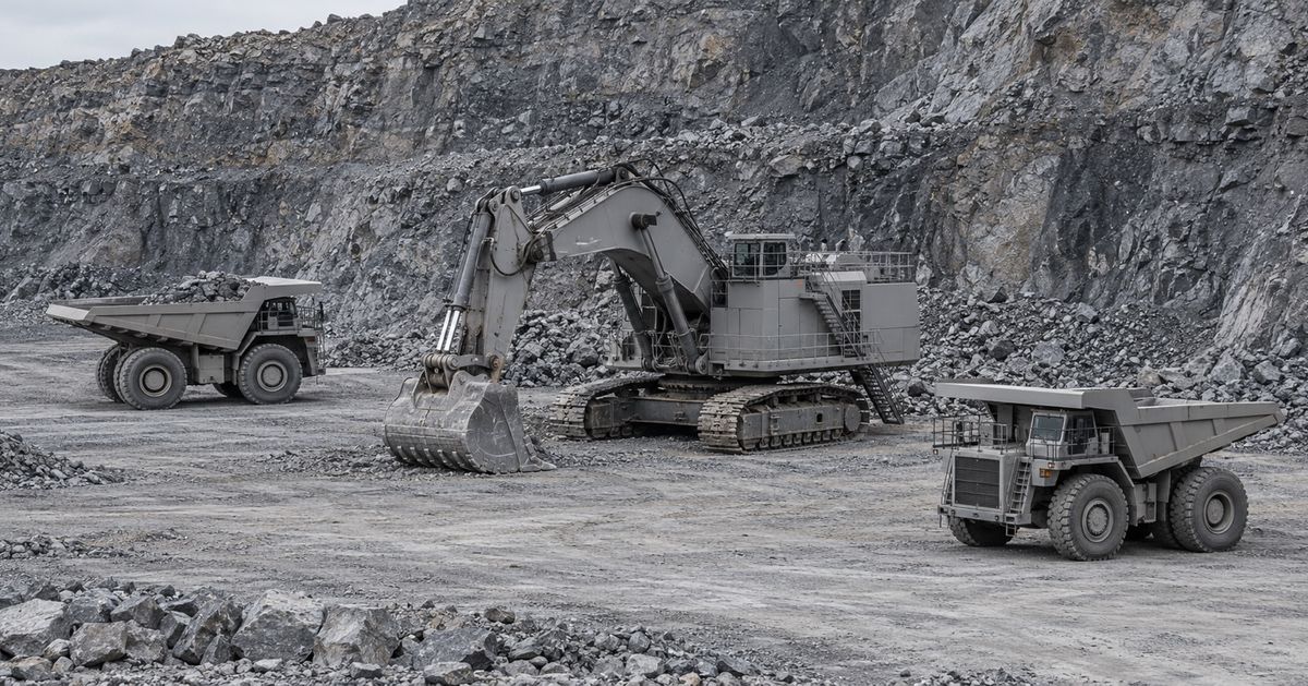 A mining shovel stands with its bucket grounded while two haul trucks wait nearby.