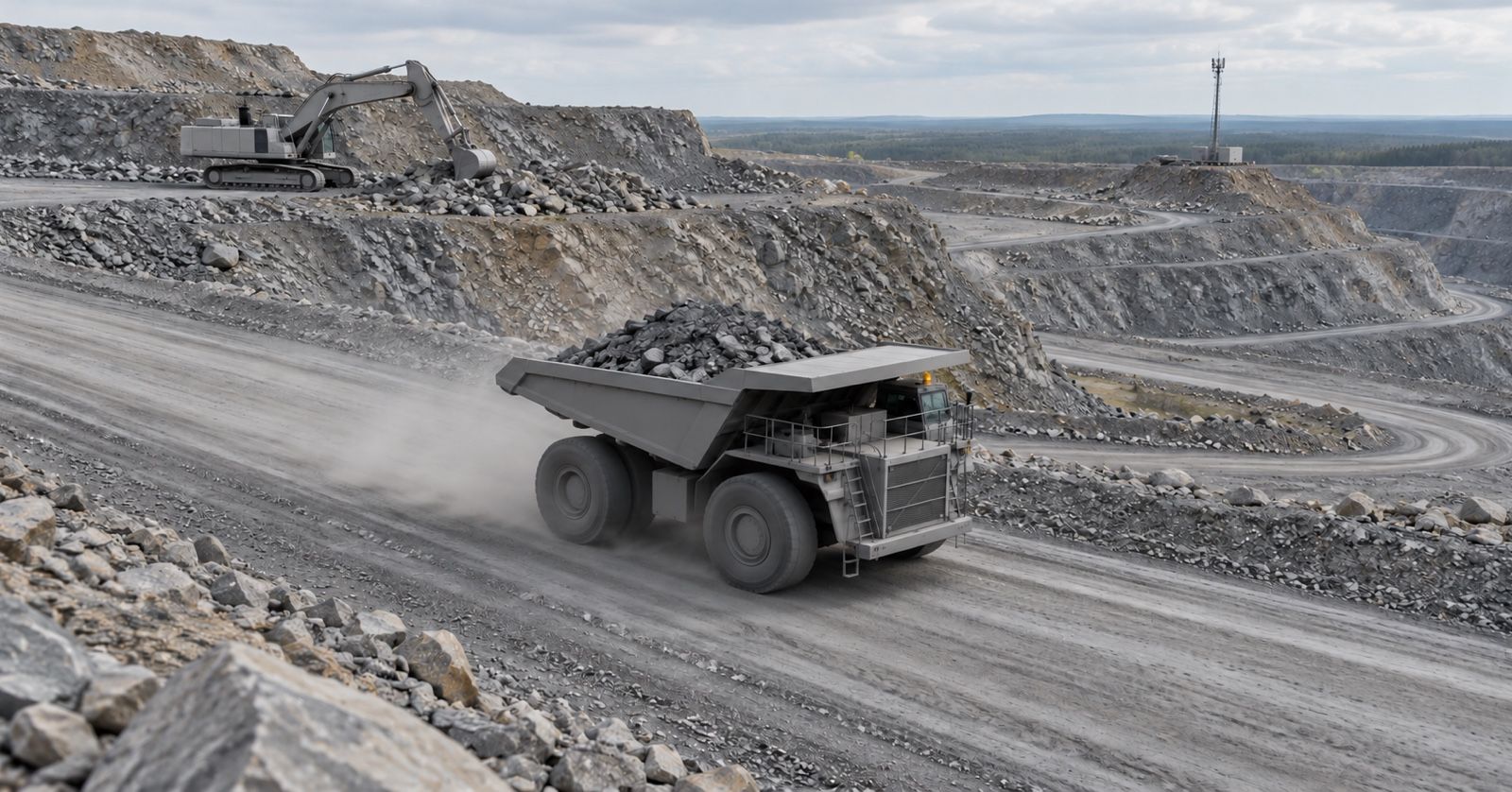 A haul truck follows an open-pit haul road below an excavator and a communications mast.
